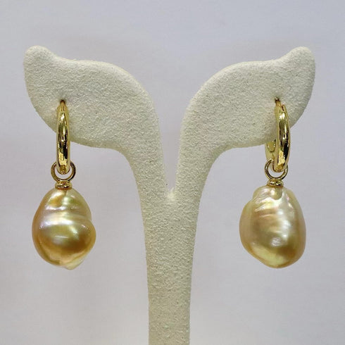 13-14mm Golden South Sea Baroque Pearl Hoop Earrings